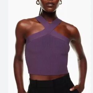 Babaton sculpt purple knit ribbed sweater crop crossover stretch medium plum
